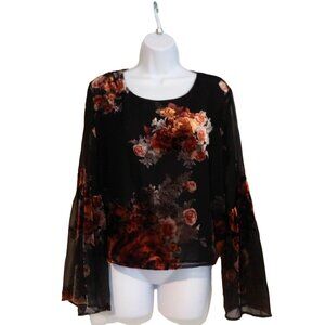 Giani Bini Sheer Flounce Sleeve Floral Burnout Velvet High Neck Blouse Top L